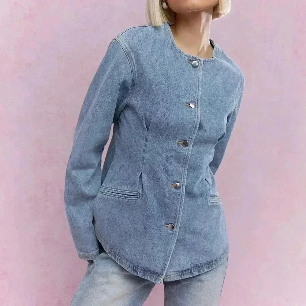 Blue Casual Women's Buttoned Round Collar Long Loose Sleeves Denim Jacket